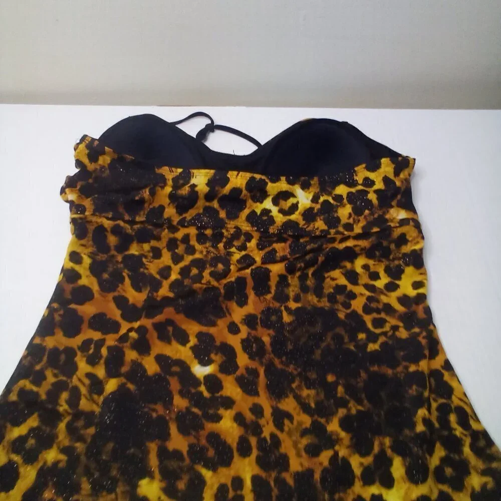 Jaclyn Smith Tankini Top Women 18 Swim Halter Padded Cup Animal Print Black Gold